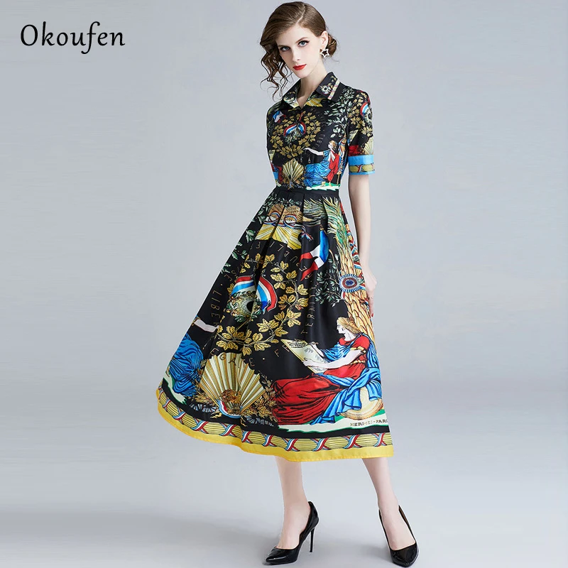 

Summer 2019 New Fashion Dress With Turn-over Collar And Short Sleeve Classic Printed Waist Closing Comfortable Pleated Dresses