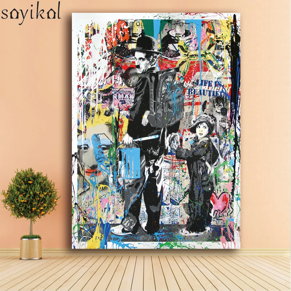 

Large Size Modern Canvas Painting Graffiti Art Posters And Prints Painting Charlie Chaplin Wall Pictures For Living Room Decor