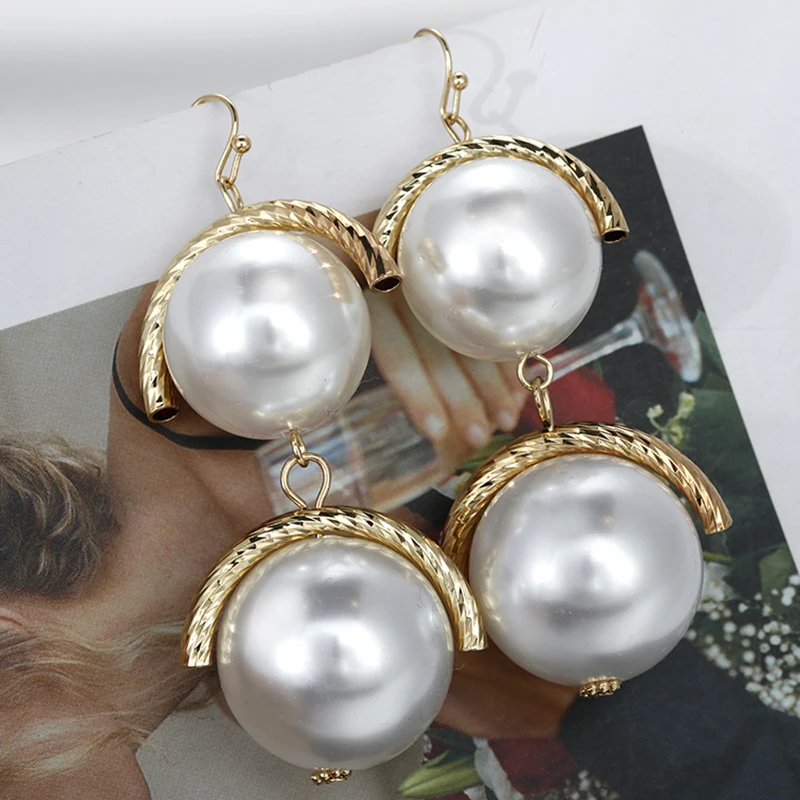 

AENSOA Elegant Big Pearl Drop Dangle Earrings For Women Gold Color Big Ball Long Statement Earrings Women Party Bead Ear Jewelry