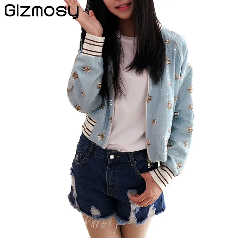 Paillettes Veste Fermetures O Glissière À Manches Blue Manteaux Manteau Jacket Bomber Outwears Light Femmes Longues Base 2017 Poches Vestes Broderie Sy1266 Jackets Cou gray A534RjL