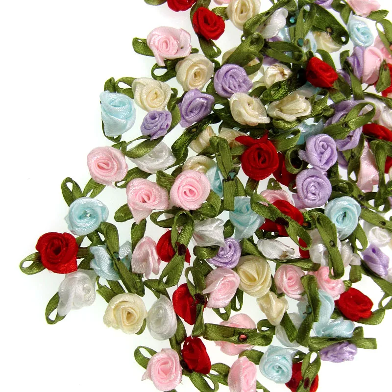 100pcs 1/2" small satin rose flowers leaf loop flower handmade
