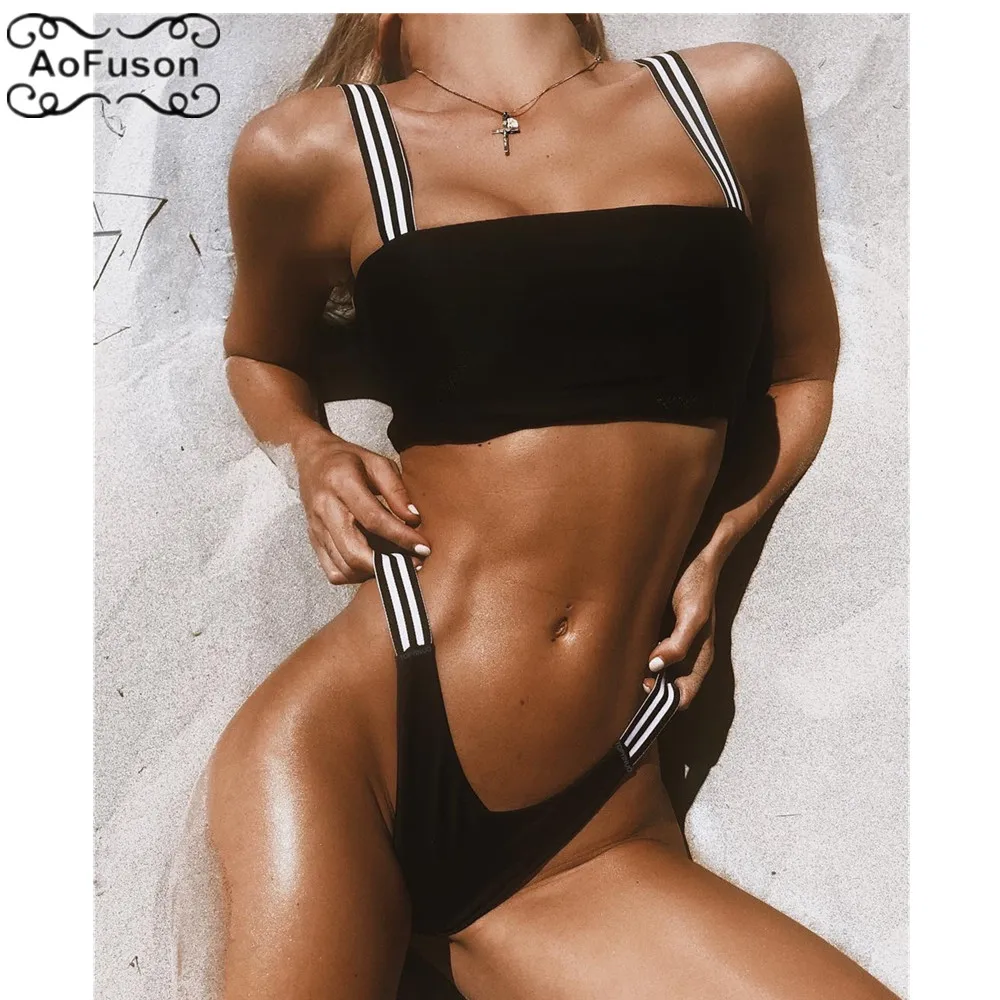 

Sexy Brazilian Thong Bikini Set Two Piece Swimsuit Women Summer Swimming Stripe Beach Wear Bandeau Push Up Bra Swimwear