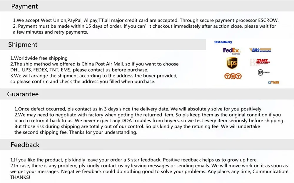 payment shipment guarantee feedback