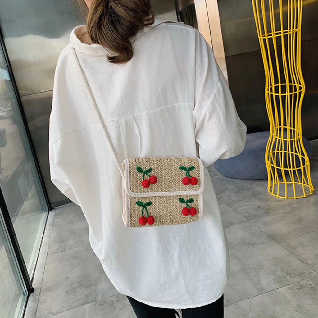 

flap Paper rope Beach Bag Summer Vintage Handmade Crossbody straw Bag Girls square Rattan bag Bohemian Shoulder sac with Cherry