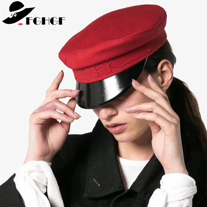 

FGHGF Authentic 2018 New Wool Felt Cap Elegant Autumn Winter Flat Women Cap Black Leather Visor Military Hats Newsboy Cap Beret