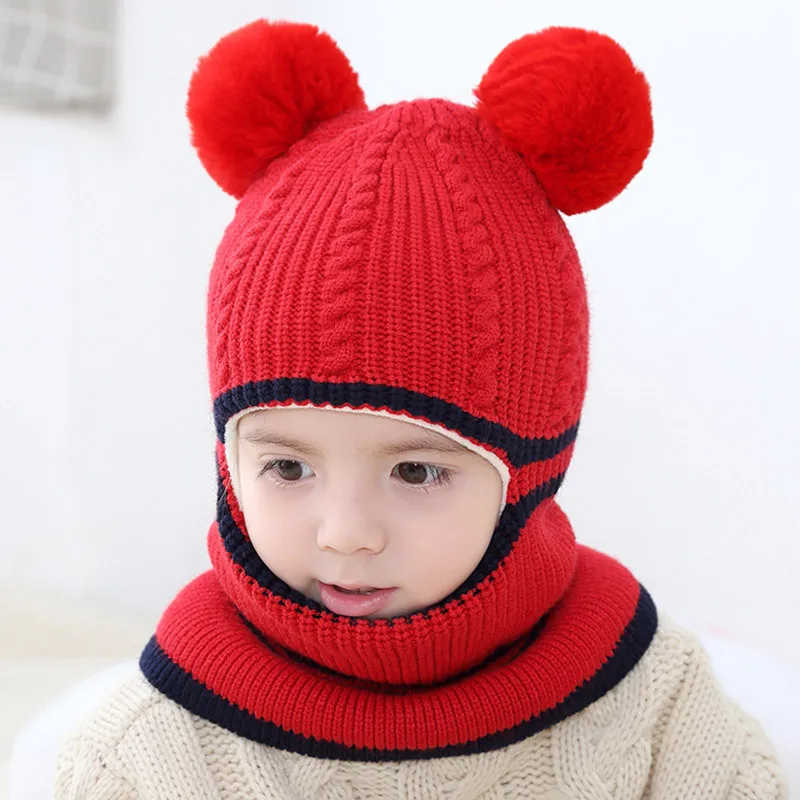 Осенне-зимняя шапка для мальчиков и девочек, детская вязаная шапка, двойная шерстяная шапка с помпонами, Детская шляпа, зимние мужские шапки - Цвет: red