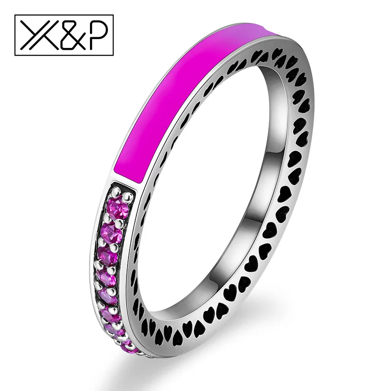 X& P модный шарм 925 Серебряные кольца для мужчин и женщин День матери лучистые сердца светильник с розовой эмалью прозрачное кольцо ювелирные изделия - Цвет основного камня: Dark Pink