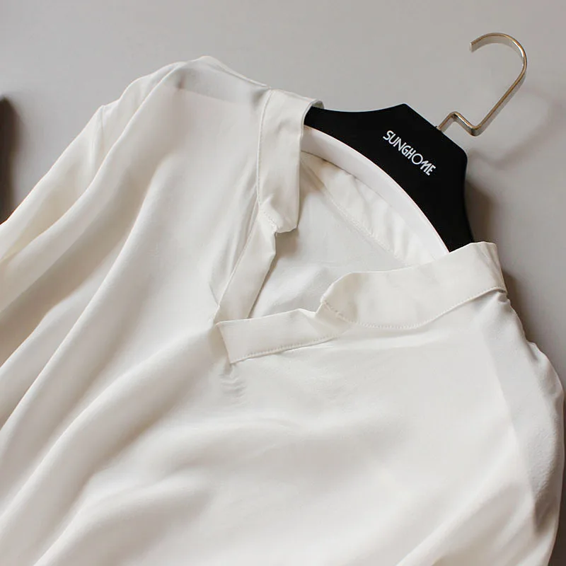 Натуральный шелк блузки OL сплошной цвет с длинным рукавом натуральный ...