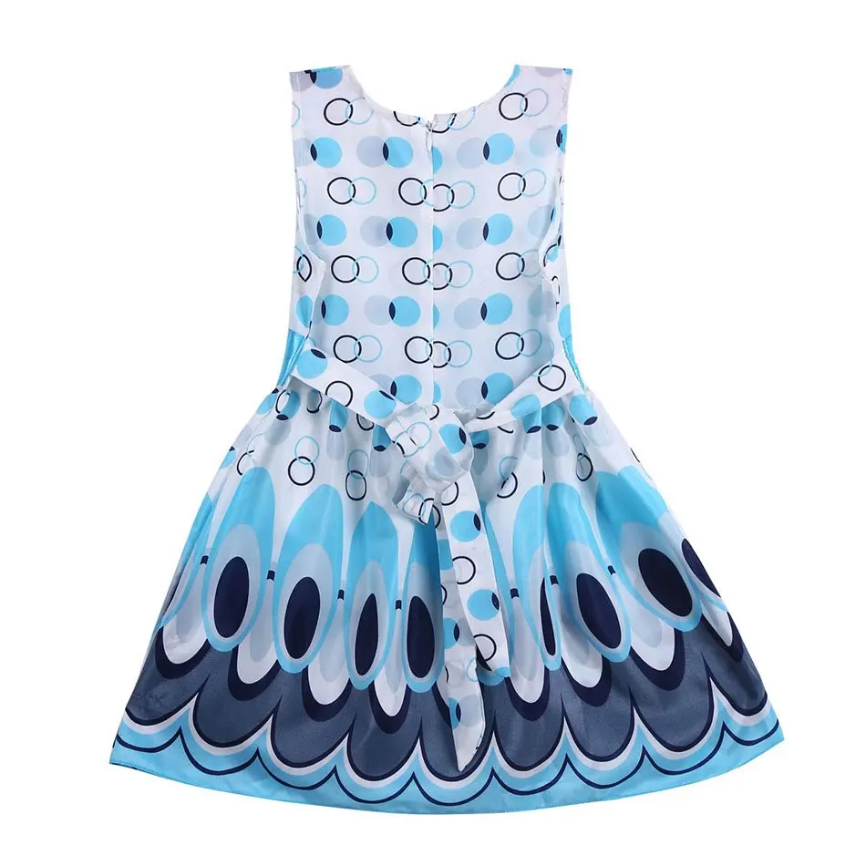 2 Girls Blue Peacock Summer Dresses Back View