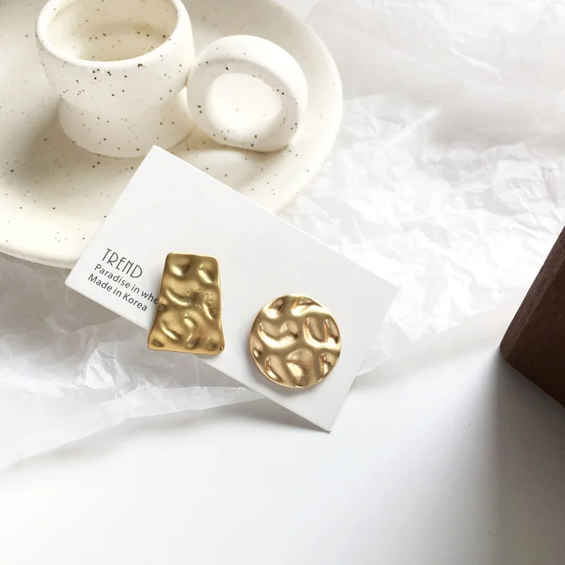 

Fashion Matte Metal Gold Color Asymmetric Geometric Irregular Round Square Stud Earrings For Women Simple Earring Jewelry