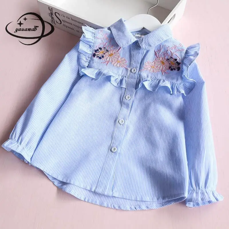 

YAUAMDB kid shirts 2018 spring autumn 4-11Y girls cotton long sleeve blouse children striped tops turn-down collar clothing y36