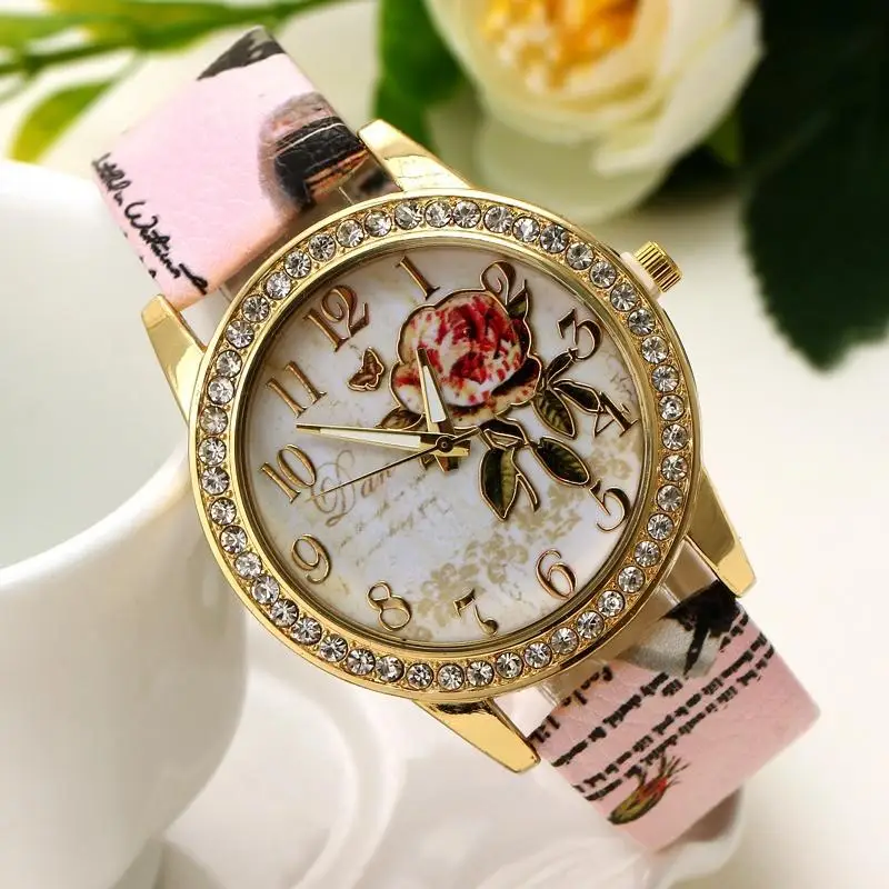 Reloj mujer, женские часы с розами, с узором, с циферблатом, женские наручные часы, кожаный ремешок с граффити, женские часы, relogio feminino - Цвет: Розовый