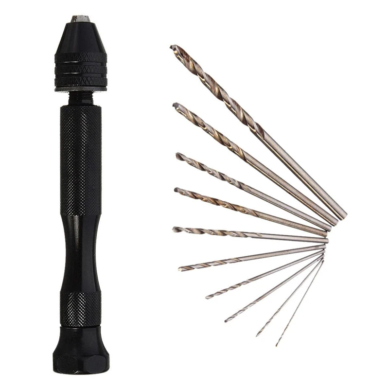 

Aluminum Micro Hand Drill with Keyless Chuck+10pcs Twist Drills Rotary Tools