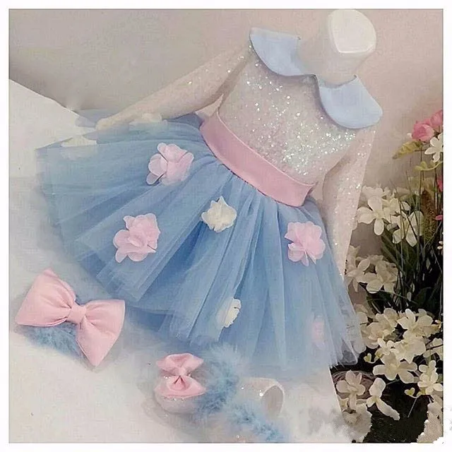 

light blue long sleeves Crew neck flower girl dresses sequined tulle ball gowns with bow girls birthday gown