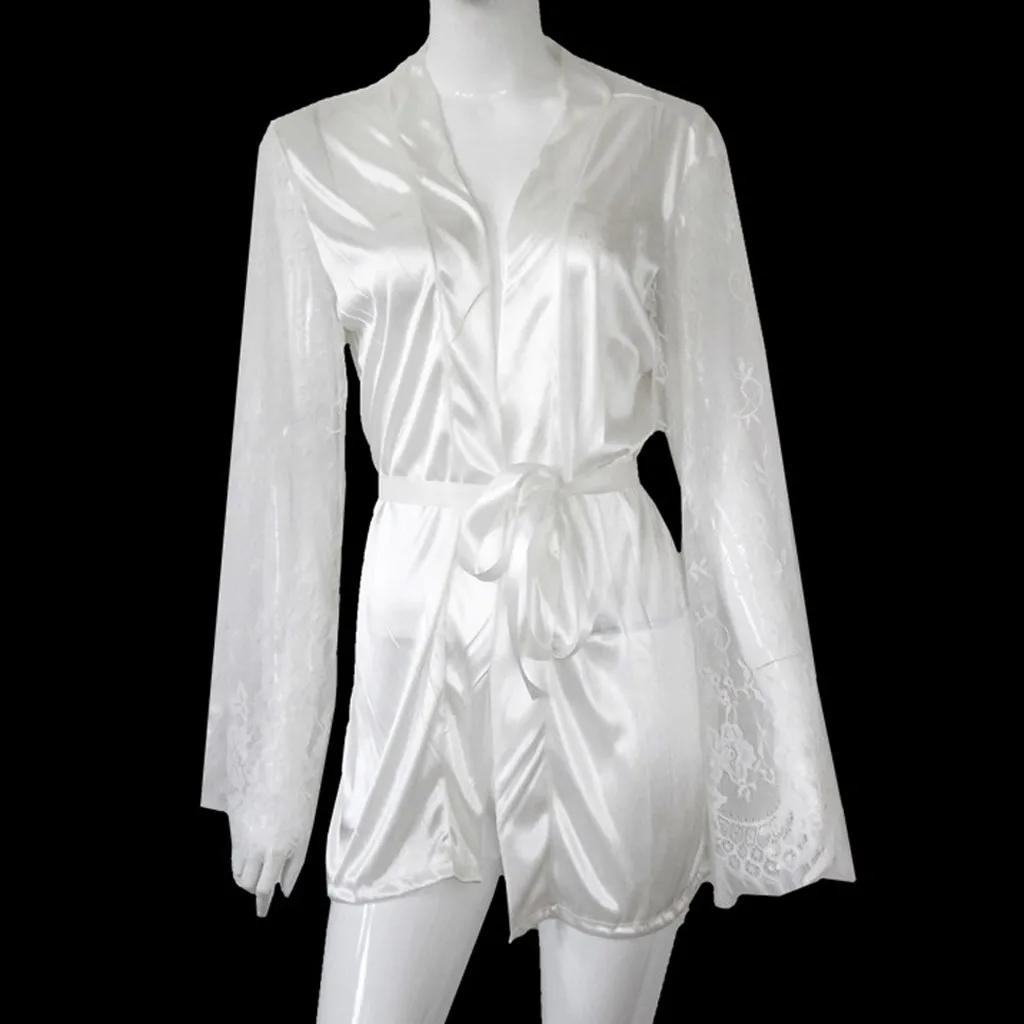 Женский Атласный халат кружевной Шелковый с длинным рукавом и поясом свободная