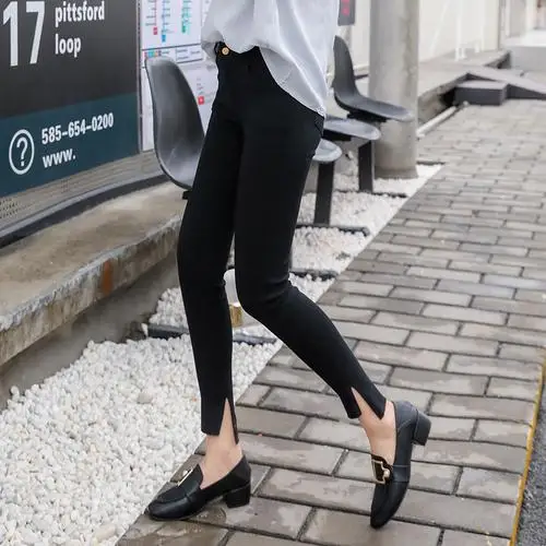 Весна Корейский молния Мода Pantalon кнопка карман повседневное Pantalones Mujeres краткое черный разрез сбоку штаны с высокой талией - Цвет: Черный