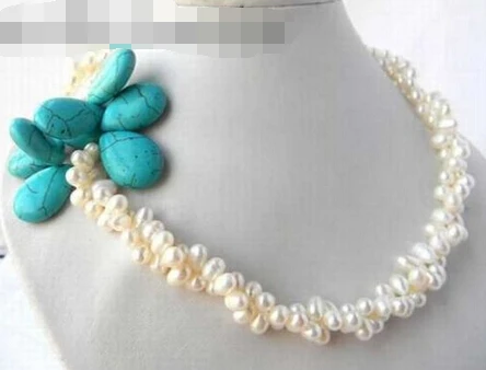

0550 2Strands White Baroque Freshwater Pearl Teardrop Turquoise Necklace