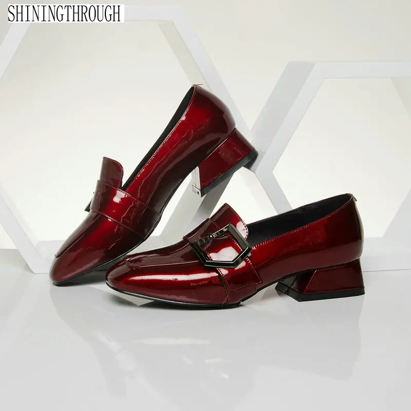

2019 New Women Genuine Leather low Heel Shoes square ted Toe women Pumps buckle Design casul Shoes woman