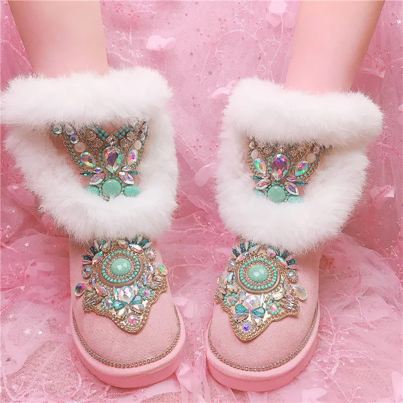 Totem Piel Negro Bottes Les Preciosa Zapatos Femme Mujer Rosado Nieve Pierna De Botas Mujeres Piedra Media Caliente Damas Gem Invierno rTwzCZxrq