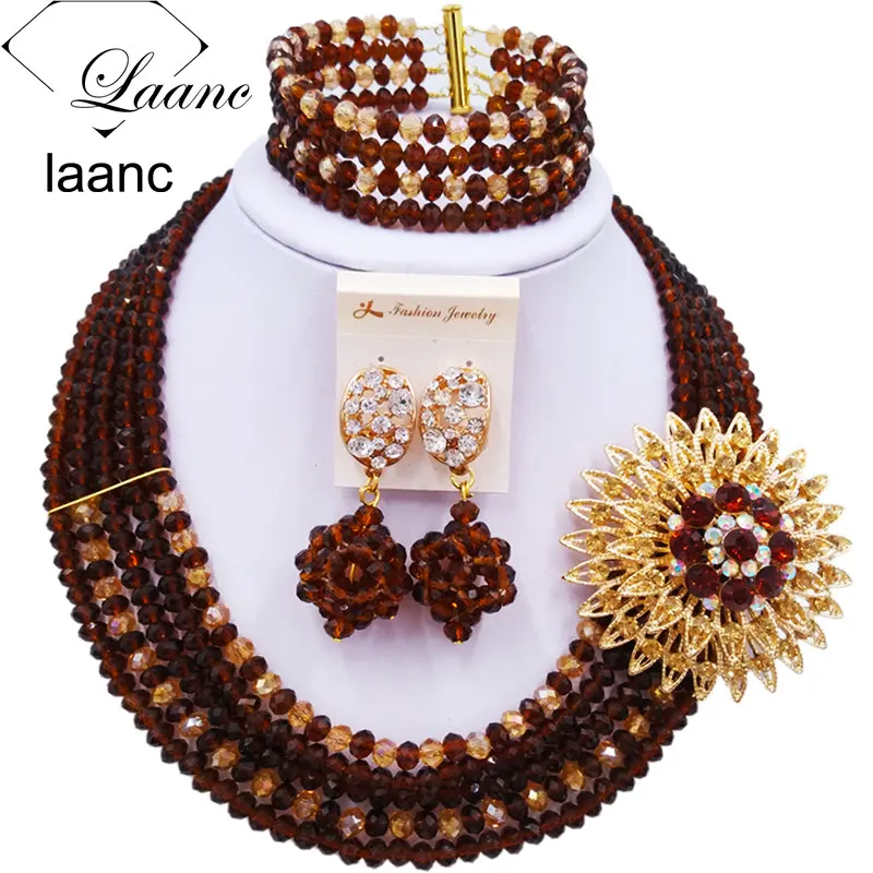 5 Rows Nigerian Necklace African Beads Crystal Wedding Jewelry Sets for Women  (59)