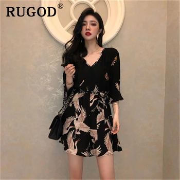 

RUGOD Bohemian office ladiy women print playsuit Elegant hight waist summer holiday beach romper female flare sleeve jumpsuit
