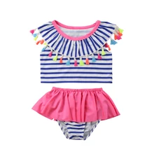 Брендовый комплект танкини для маленьких девочек, купальный костюм, купальный костюм, полосатый купальник с оборками, Tassle, пляжная одежда