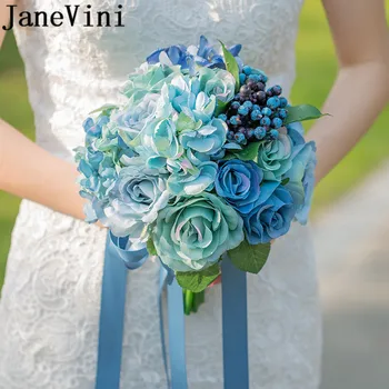 

JaneVini Blue Flowers Bridal Bouquet Artificial Silk Bridesmaid Flower for Bride Groom Flower Ribbon Wedding Bouquet De Mariage