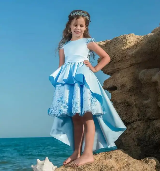 Высокий Низкий голубой для девочек Нарядные платья Тюль атласная для девочек в цветочек платья Дети платье для первого причастия