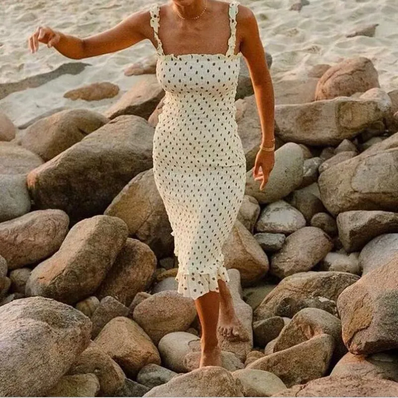 

Summer New French style Midi Dress for women sleeveless Vintage Dot Sling Slim ruffled long dress female Beach holiday