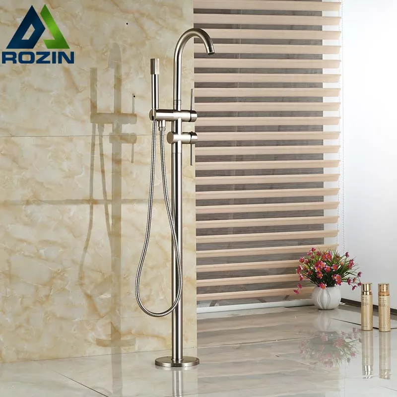 

Brushed Nickel Free Standing Bathtub Faucet Bathroom Single Handle with Hand Shower Floor Mounted Tub Mixer Tap