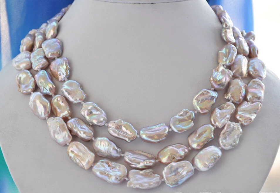 

Free shipping@@@@@ 3row 20mm LAVENDER BAROQUE KESHI REBORN biwa PEARL NECKLACE