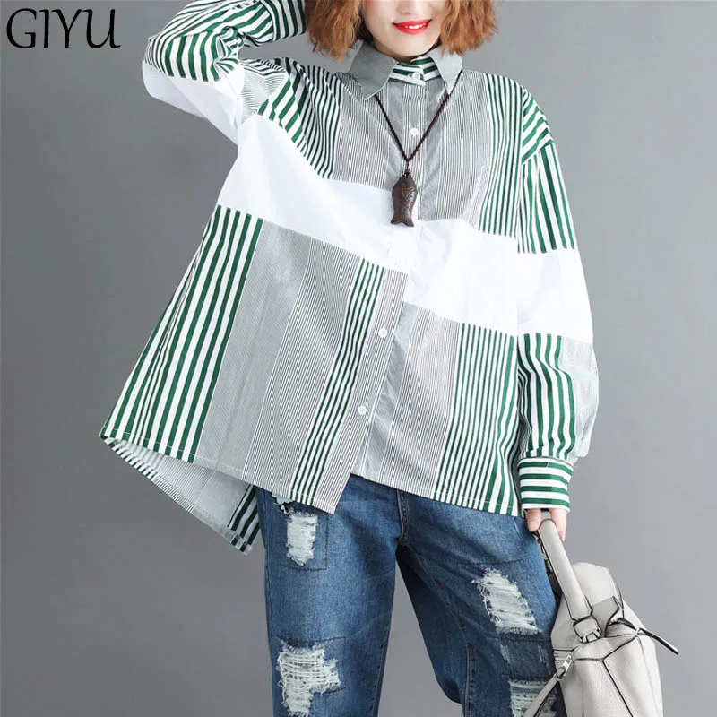 

Long Sleeve Korean Shirt Plus Size Blouse For Women 4XL 5XL 6XL Cotton Top Summer Lady Large Loose Striped Spliced Long Cardigan