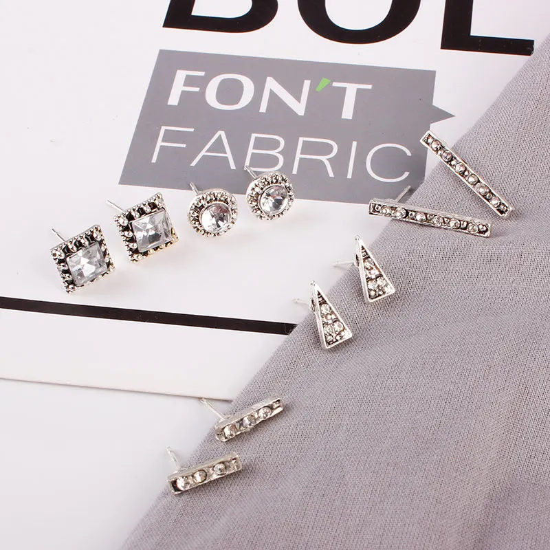 F&U 5 Pairs/Set Square, Round, Etc Rhinestones Bohemian Earring Stud