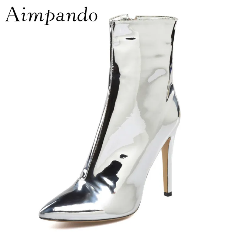 

Fashion Rose Gold Mirror Patent Leather Ankle Boots Women Nightclub Runway Booties Point Toe Silver Rain Botas Mujer