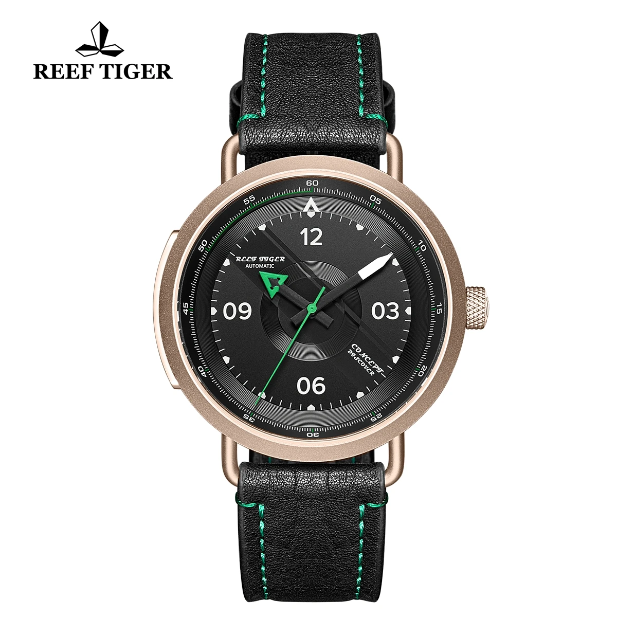 Reef Tiger/RT New Design Simple Watch Men Leather Strap Steel Waterproof Military Watches  Automatic Watches RGA9055 