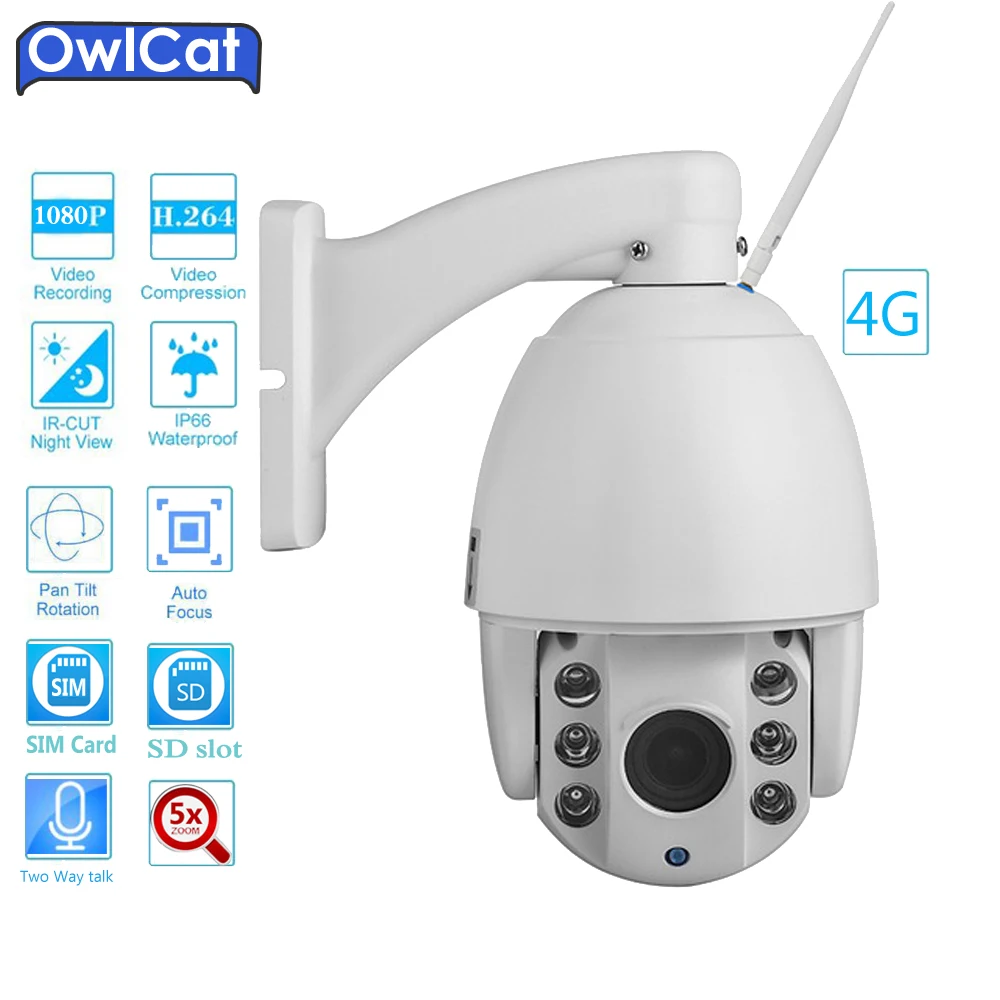 

OwlCat SONY HD 1080P 960P GSM-3G4G-SIM Card PTZ IP Camera Outdoor 5X Zoom SD Slot IR-Cut Audio Two Way Talk Security CCTV Camara