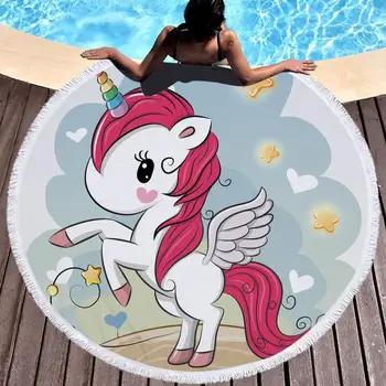 

Cute Pink Cartoon Unicorn Pony Printed Large Microfiber Round Beach Towel For Girls Women With Tassels Fringe Serviette De Plage