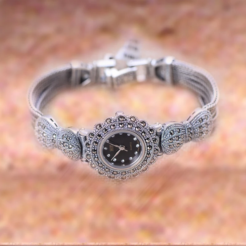 Jade Angel Винтажный стиль тайский серебряный браслет с марказитом ювелирные изделия женские часы