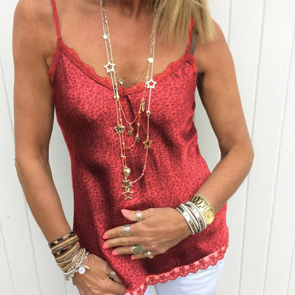 

Women Lace Vest Sleeveless Adjustable Loose Camisole Casual V-Neck Tank Tops Leopard Print
