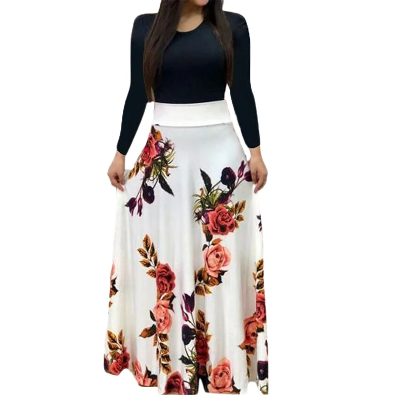 

HOT Women Floral Print Dress Long Sleeves Round Neck Patchwork High Waist Slim Fit 19ING