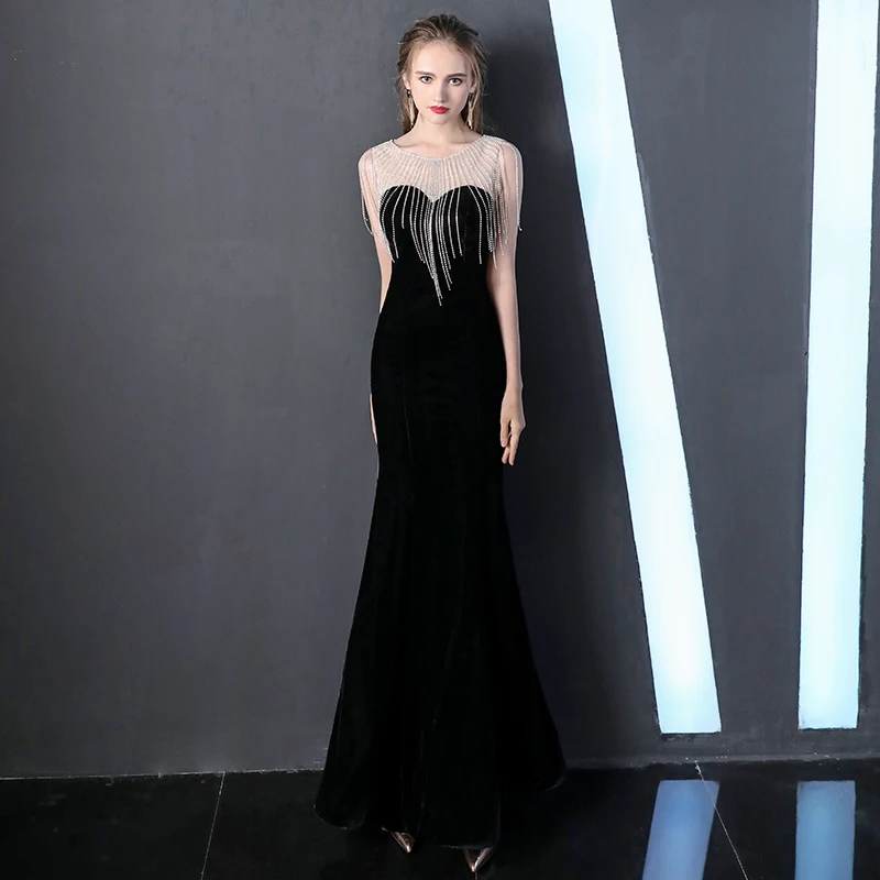 Черный велюр Sheer шеи халат, украшенный бисером De Soiree Sheer шеи Хрустальная Русалочка строгое длинное вечернее платья выпускного вечера вечерние платья