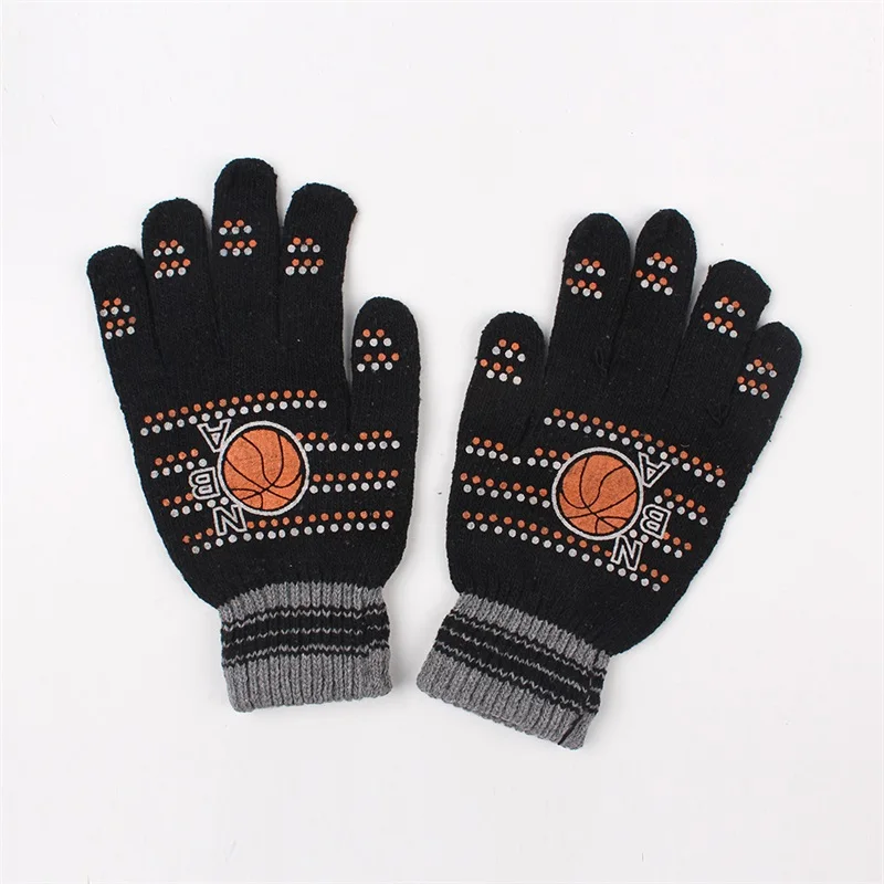 Детские вязаные перчатки для мальчиков, черные перчатки с 3D рисунком, теплые хлопковые митенки для пальцев, осенние детские аксессуары для детей 12-18 лет - Цвет: Темно-синий