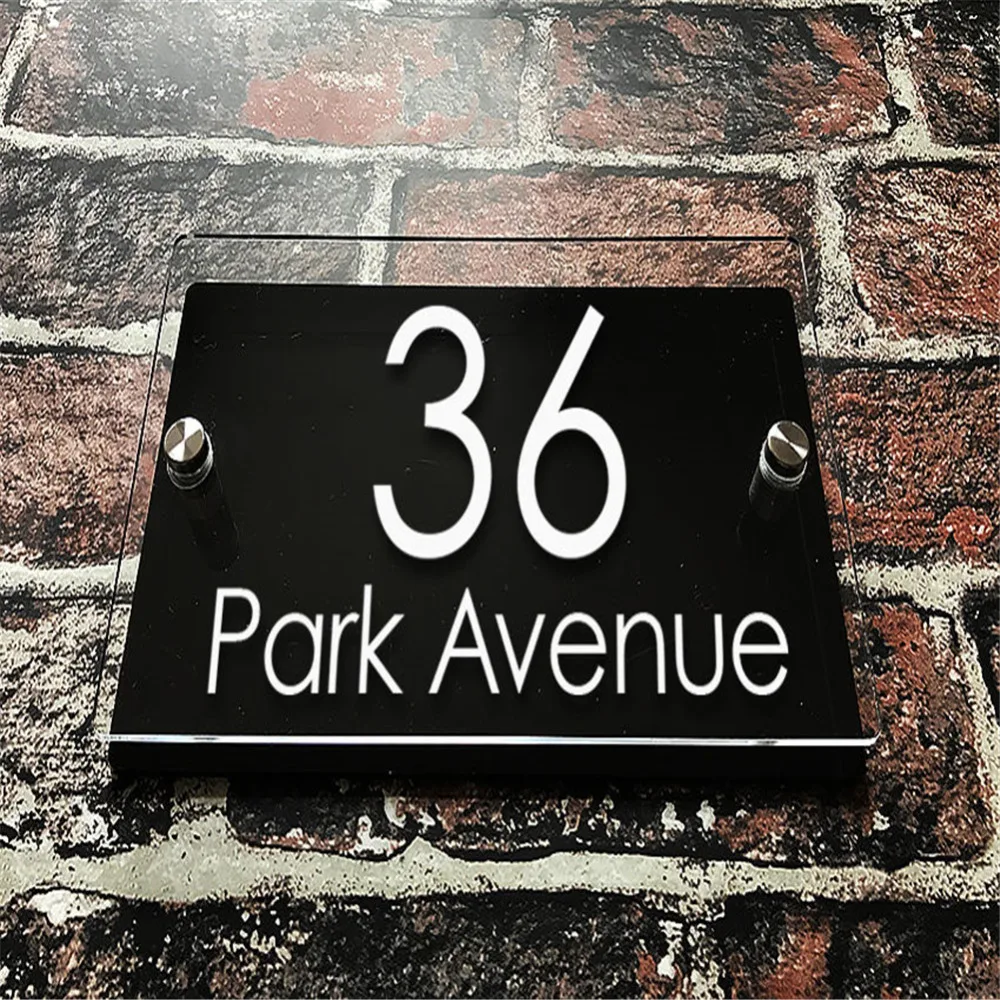 

Customized House Sign Plaque Clear Acrylic with Gloss Black Backing Panel Door Number/Street Name Sign