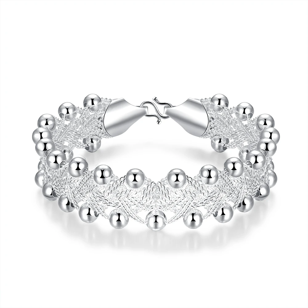 

new fashoin top quality Silver Plated&Stamped 925 double row ball bead mesh cuff bangle Bracelet Women wedding jewerly