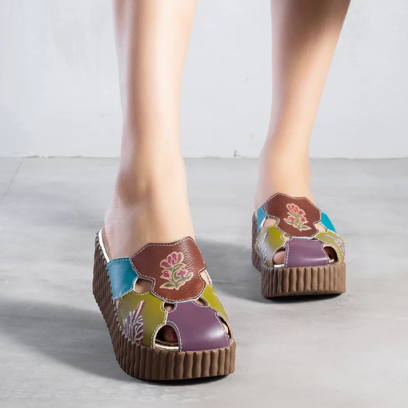 

Artdiya Leather women's shoes handmade retro shoes national style stitching thick-soled sandals wearing slippers outside women