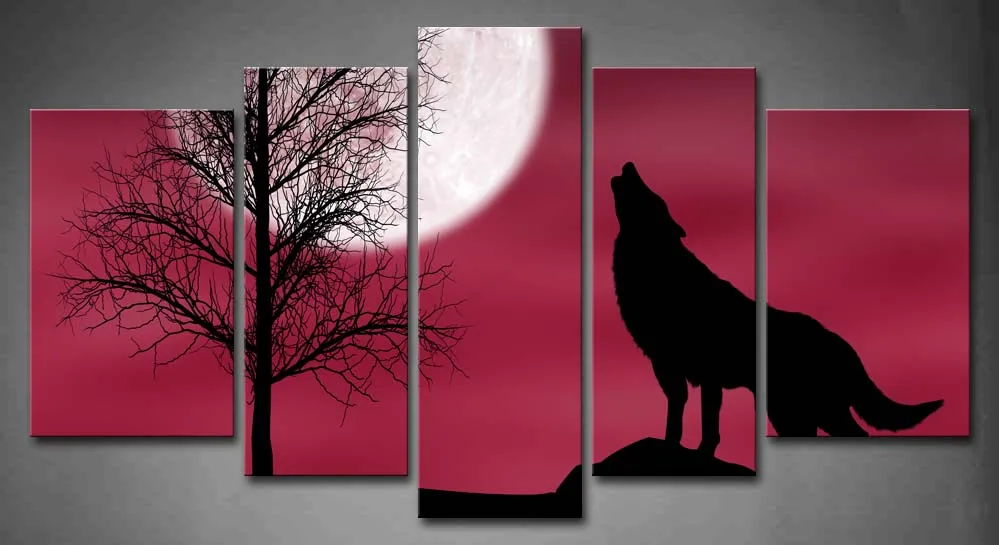 

5 Pics Framed Wall Art Pictures Wolf Cloudy Night Moon Canvas Print Artwork Animal Posters With Wooden Frames For Decor