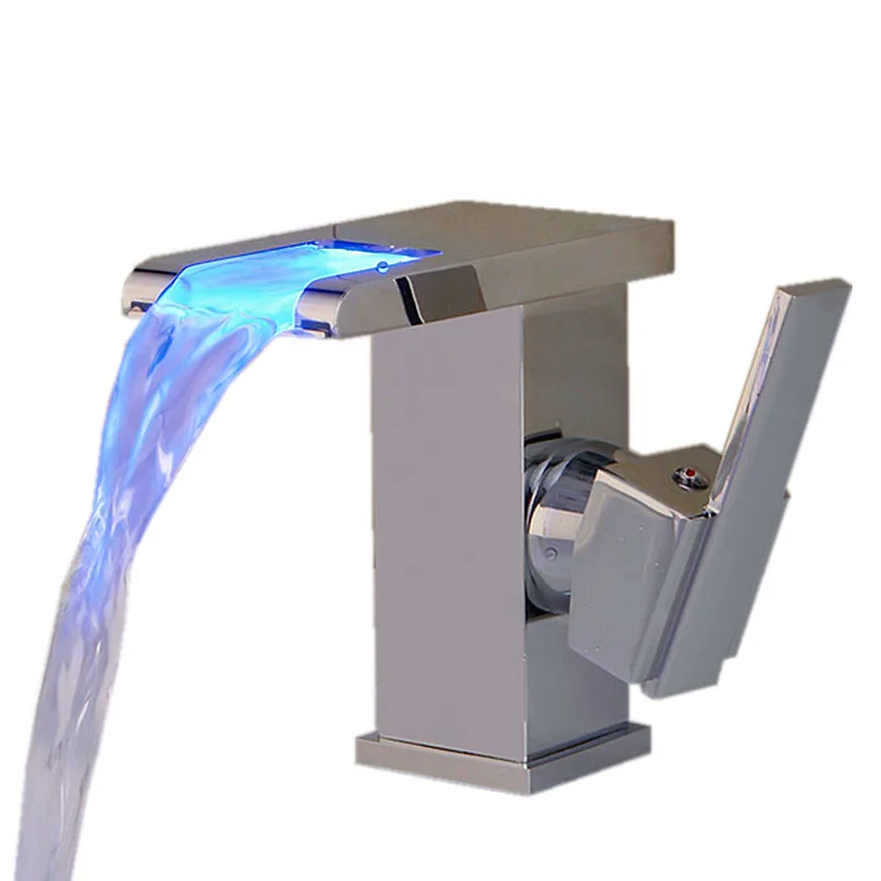 

LED Color Changing Bathroom Waterfall Faucet Single Handle Centerset Mixer Tap Chrome Polished