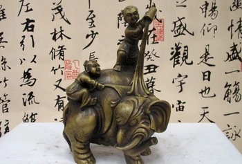 

Chinese Folk Pure Bronze Copper Two Boy girl Play bathe Lucky elephant Statue a 0518