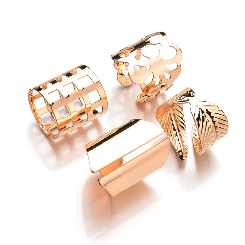 

MissCyCy 4 pcs/sets Punk Gold Color Leaves Big Size Knuckle Ring Set 2017 New Arrival Hollow Flowers Rings For Women Gift