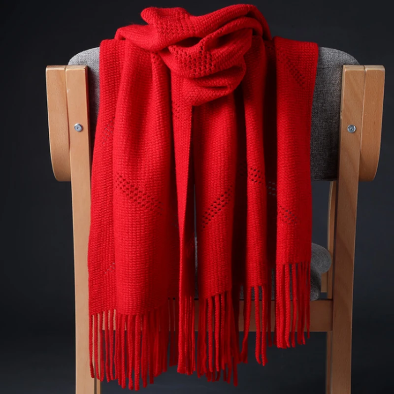 Best Gift Winter Warm Red/Yellow Color Wool Knitting Scarf For Ladies Scarfs Wraps Fashion Pashmina Tassel Female Scarves Wraps